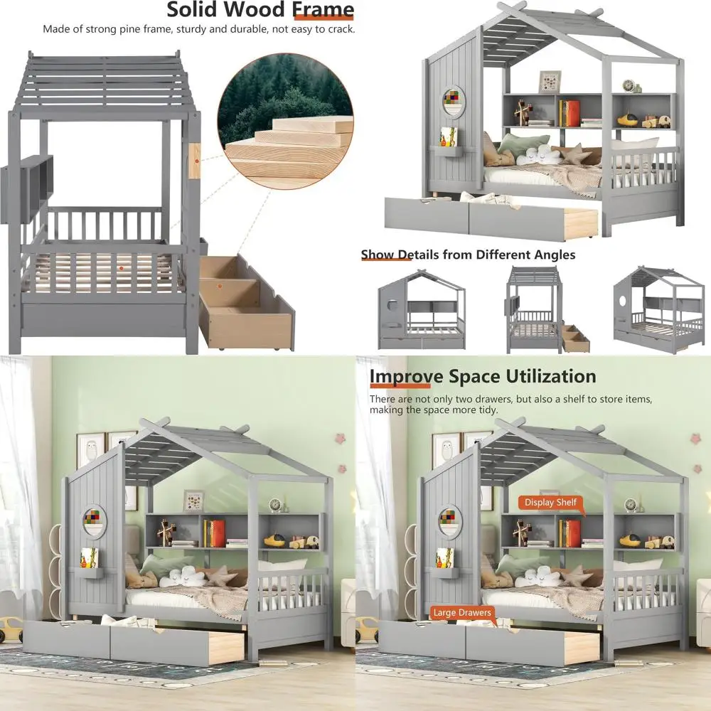 

Gray Kids Twin Bed with Window and Storage, Playhouse Style, 78L x 42.7W x 72H
