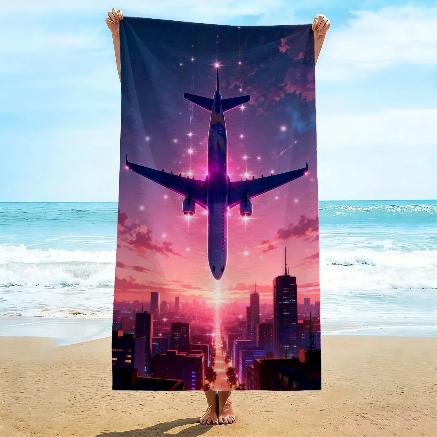 Futuristic Travel Beach Towel, Neon Airplane Over Sunset City Print Bath Towel, Stylish Cyberpunk Themed Beach Blanket