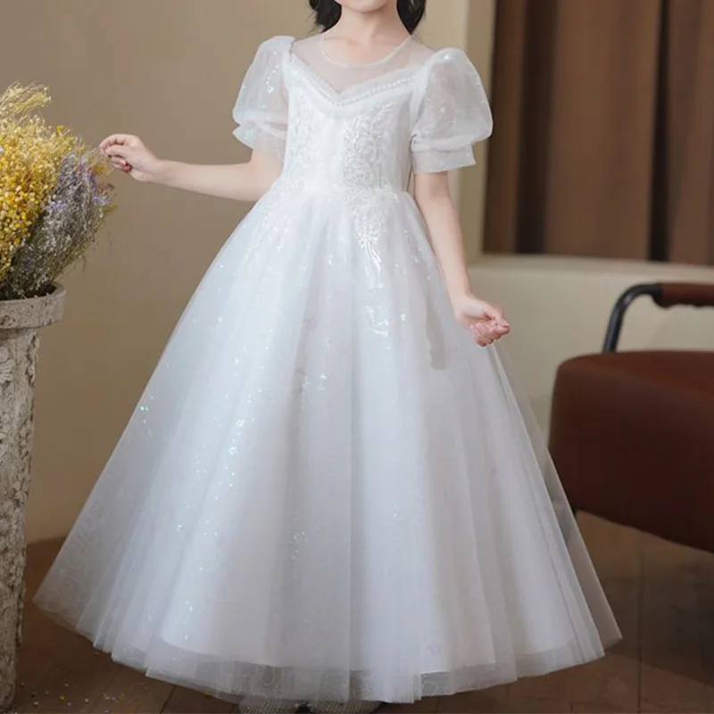 Girls Party Fluffy Princess Dresses Elegant Children\'s Clothing O-Neck Pearl Decoration Sequined Dot Back Zipper Net Yarn Dress