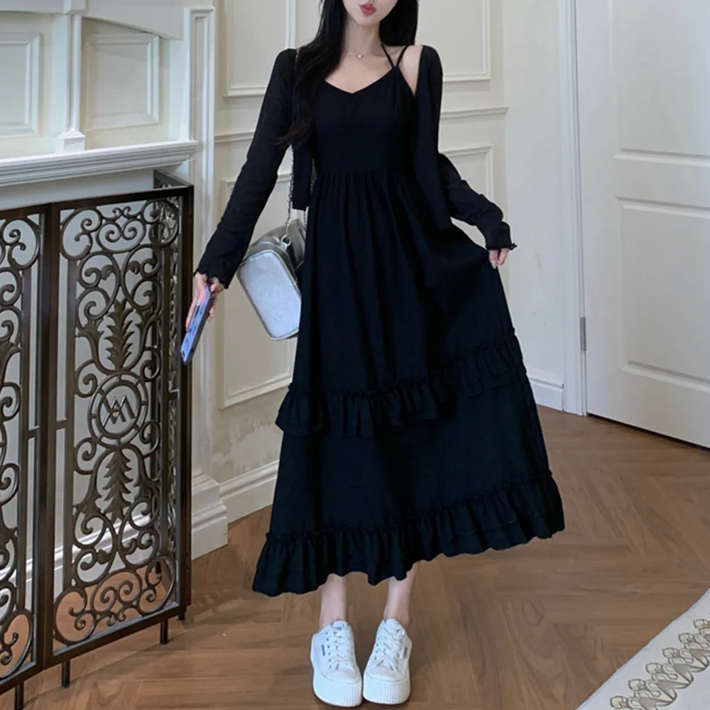 Retro francês babados borda nicho vermelho halter vestidos para mulheres chique magro em camadas vestidos cor sólida mori-girl estilo saia de verão