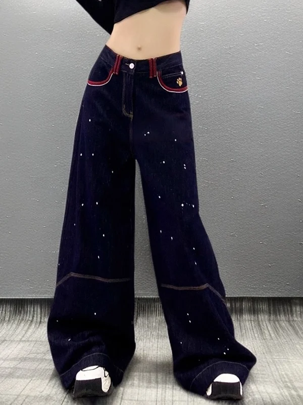 

Faionable Retro Printed Loose Wide Leg Jeans Women's High Waist Casual ket Denim Pants Spring Season Adult Wear