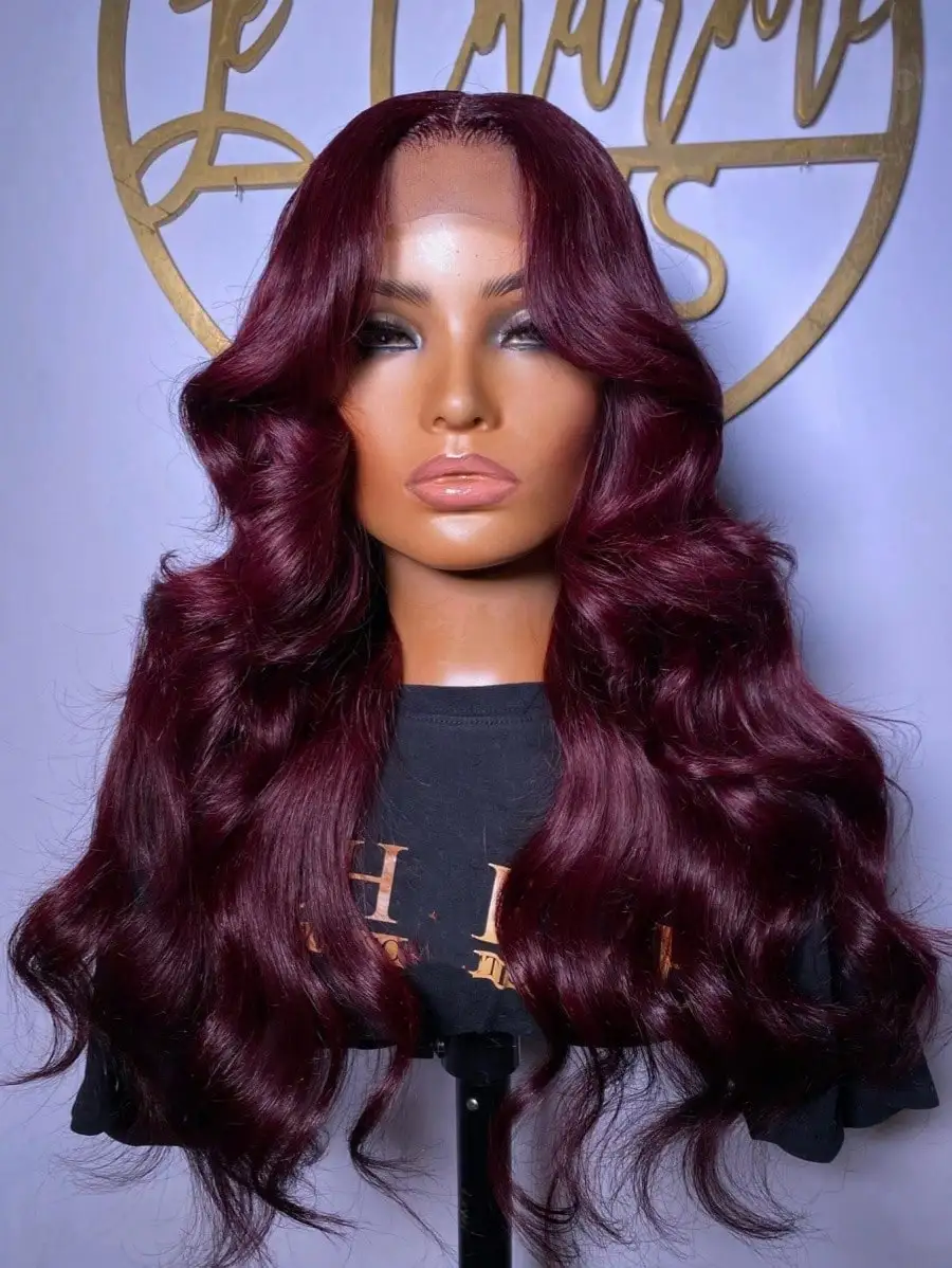 34 pulgadas 200% 99J Color burdeos 13x4 pelucas frontales de encaje transparente cabello humano onda del cuerpo prearrancado con pelo de bebé para mujeres