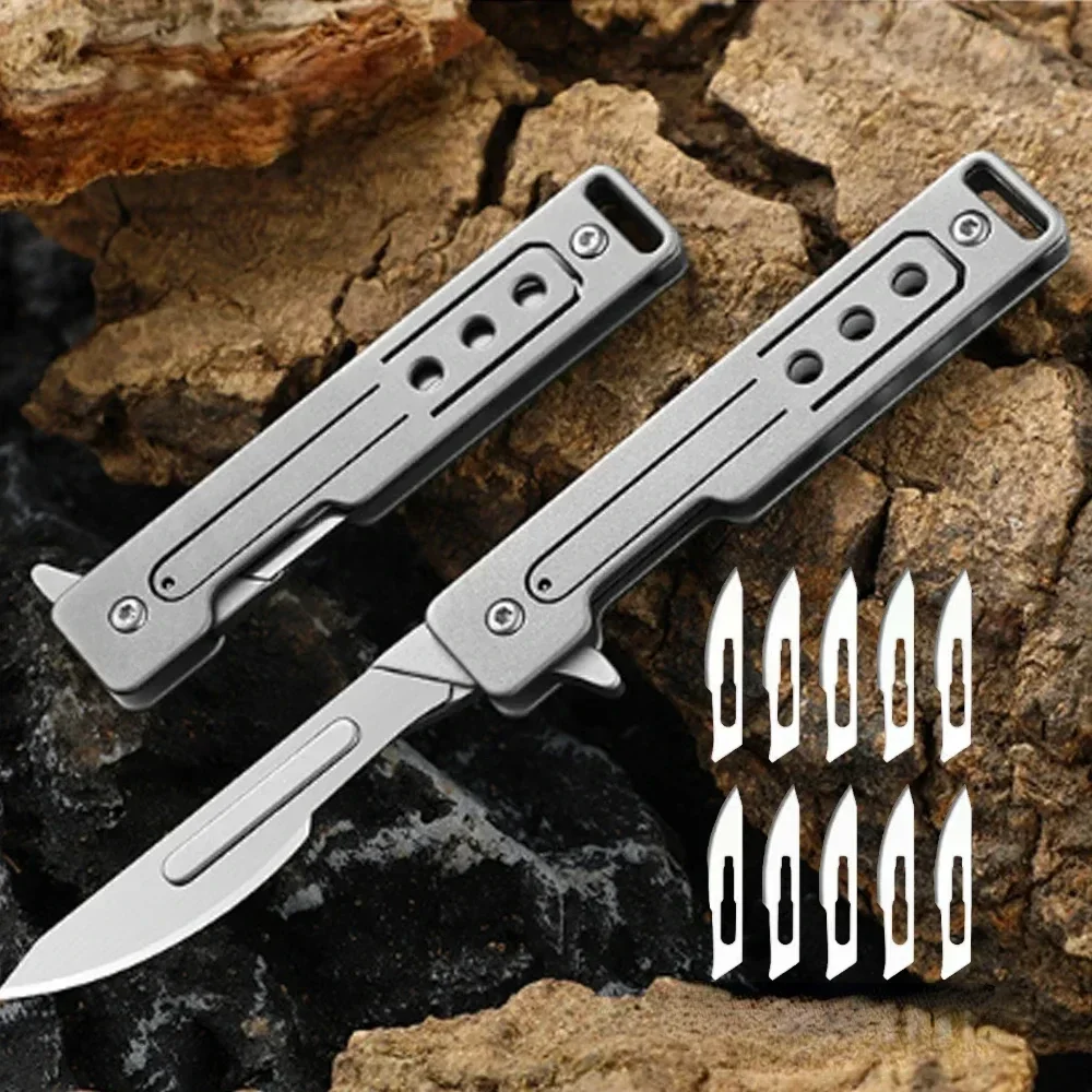 Stainless Steel Surgical Knife Folding EDC Unboxing Pocket Knife, Outdoor Camping Knife with 10 Replaceable Blades, Widely Used