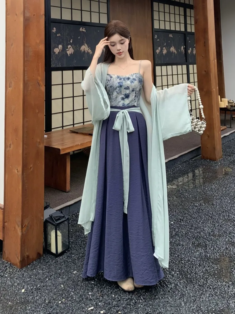 

plus Size Women's Summer New Style Ancient Chinese Style Long Sleeve Open Cardigan Two-Piece Set Floral Print Casual Wear