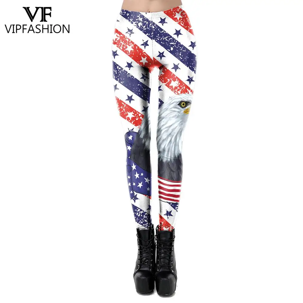 VIP FASHION Women Leggings Independence Day Stars Stripes pantaloni stampati 4th of July collant Sexy pantaloni a vita media con cuciture regali