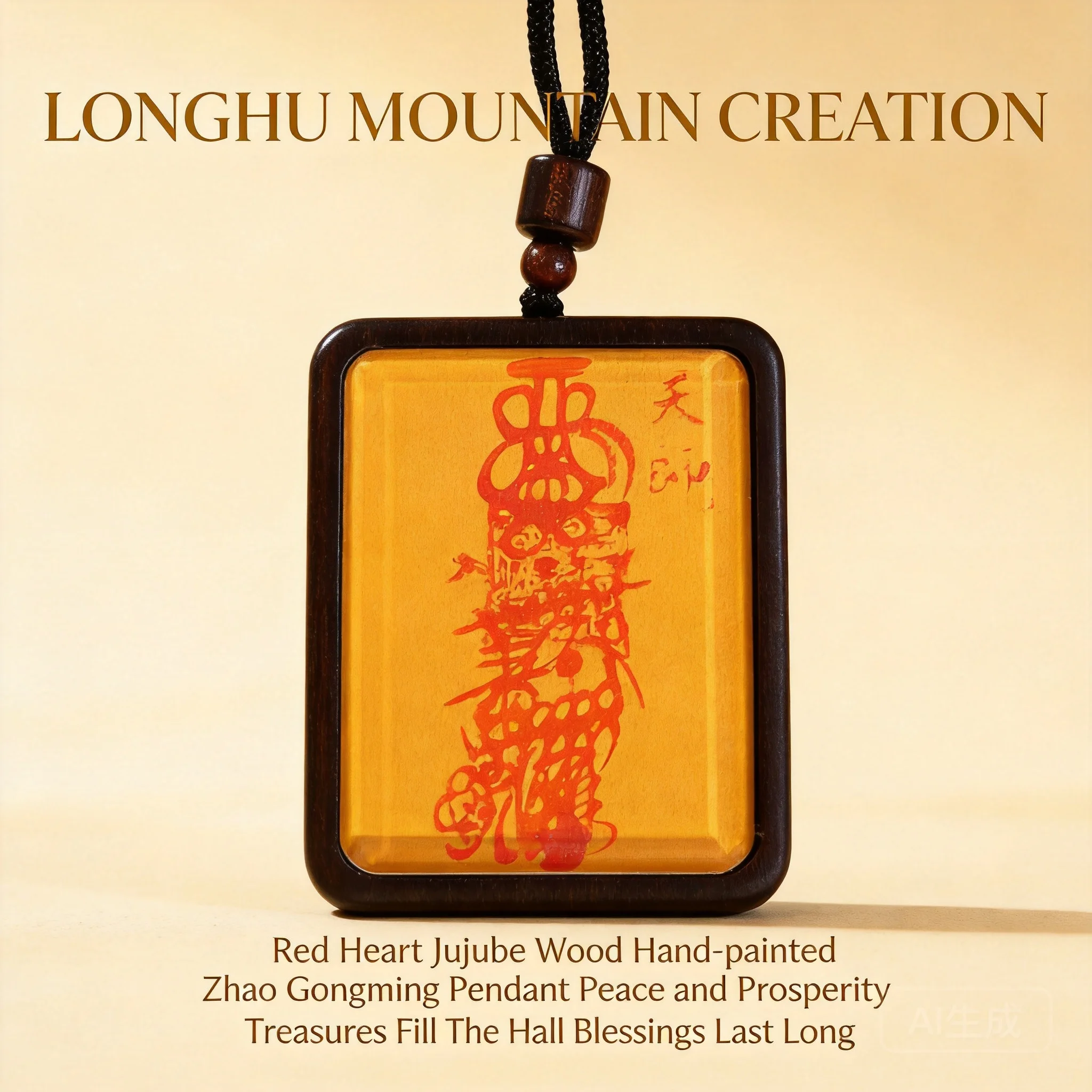 

Chinese Style Thunder Struck Jujube Wood Hand Painted Zhao Gongming Pendant Lucky Wealth Attracting Amulet Car Hanging Blessing