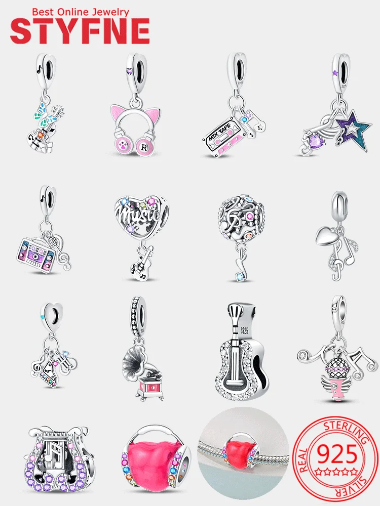 

Silver 925 Charms Music Series Guitar Earphone Note Tape Zircon Beads Pendant Fit Women Diy Jewelry Gifts Original Bracelet