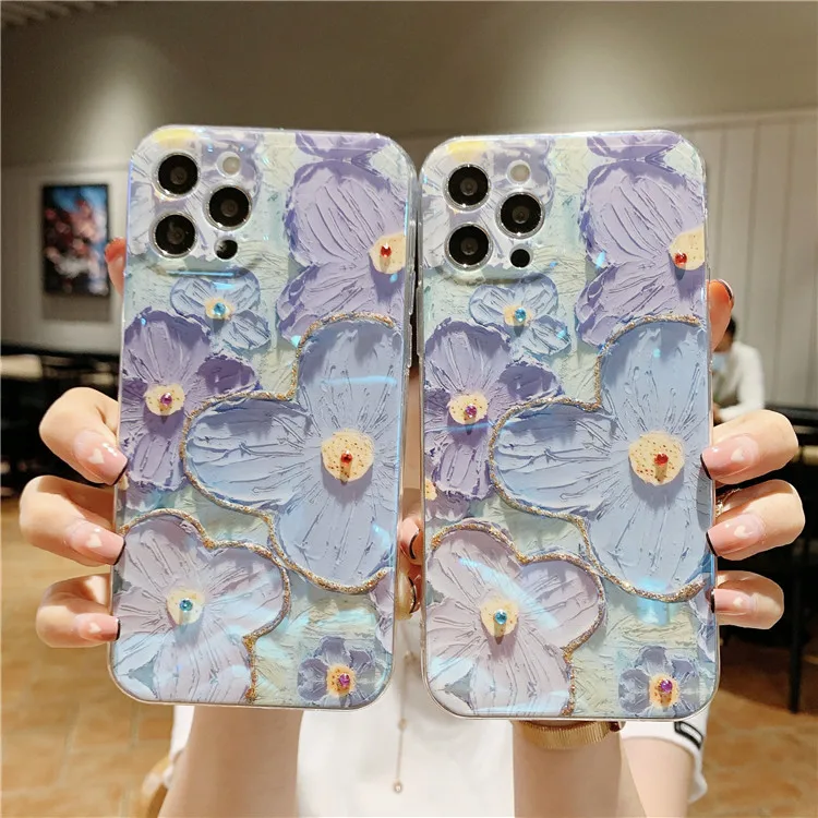 Luxus Ölgemälde Blume Weiche Telefon Fall Für iPhone 11 12 13 14 15 Pro Max XS XR 7 8 plus Diamant Stoßfest Schutzhülle