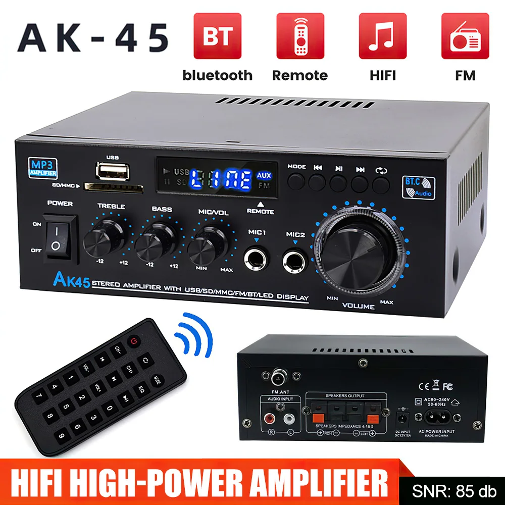 HiFi Digital Power Amplifier 2.0 Channel Bluetooth Stereo Sound Amplifier Max Power 40Wx2 AMP Audio USB Remote Control Subwoofer