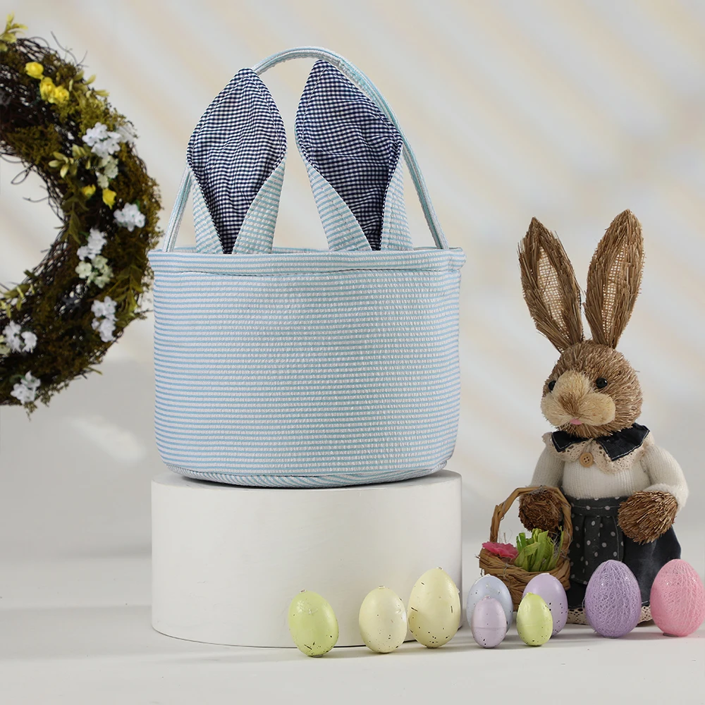 Seersucker Easter Bucket Plaid Bunny Ears Basket Babies Kids Boys Girls Egg Hunt Carrying Gift Bag Toys Party Decoration Handbag