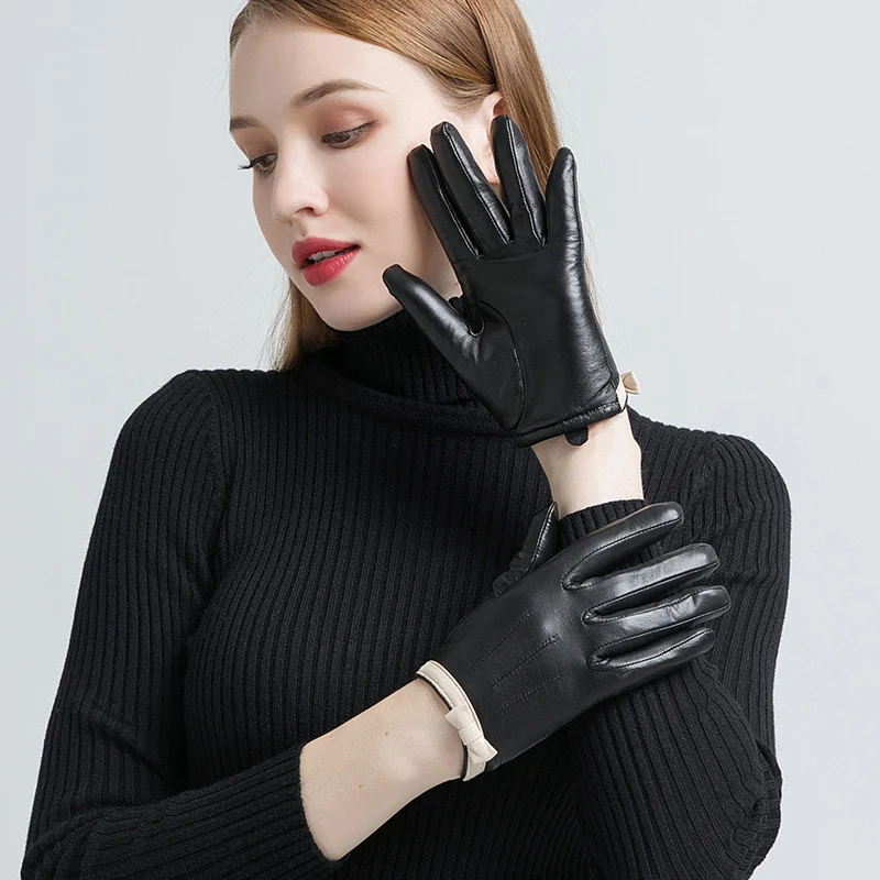 GOURS-guantes de cuero auténtico para mujer, manoplas de piel de cabra auténtica, forro de lana, cálido y suave, moda de conducción, novedad de