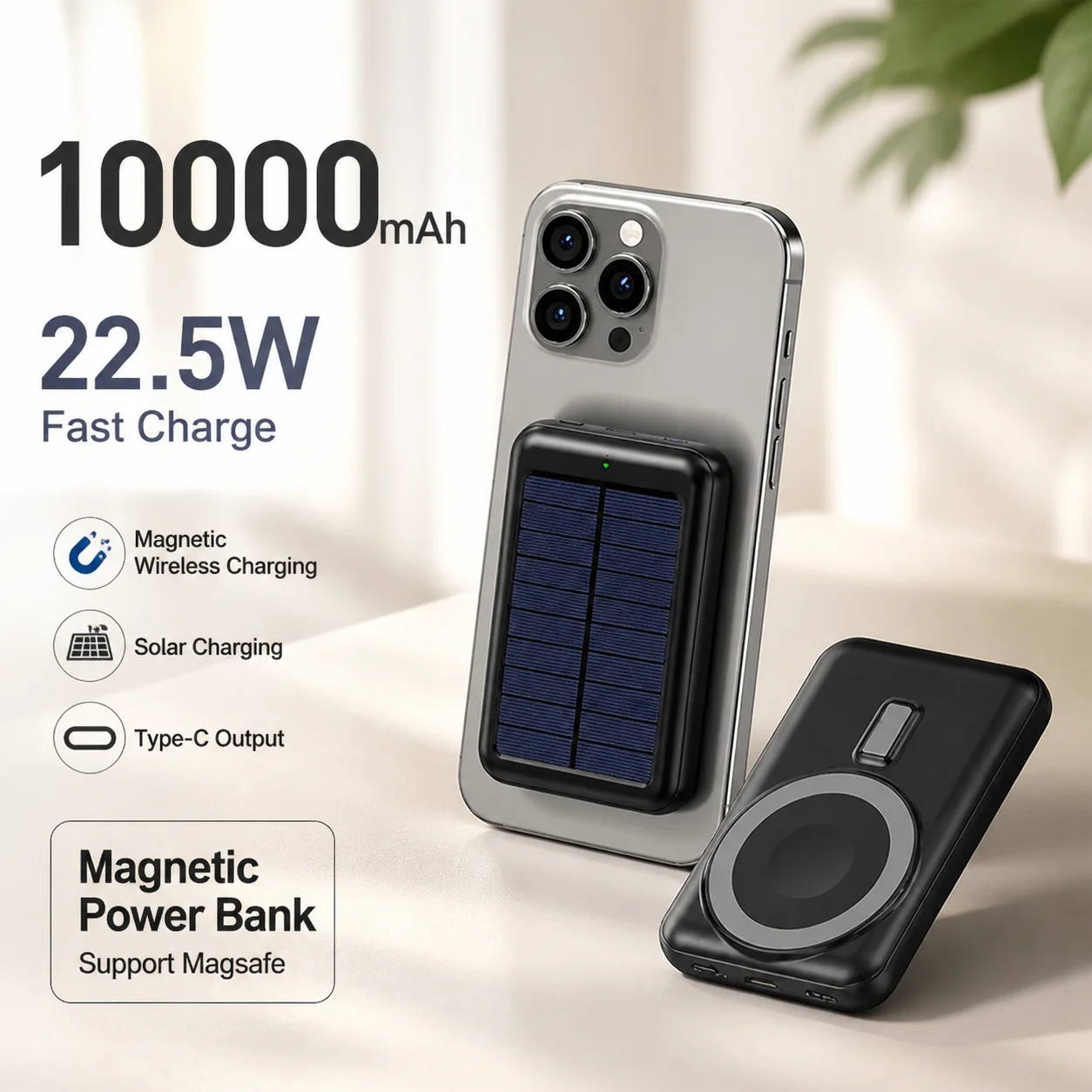 10000mAh Magnetic Wireless Power Bank Portable Charger for iPhone 16 15 14 13 12 Mini Solar External Battery Pack