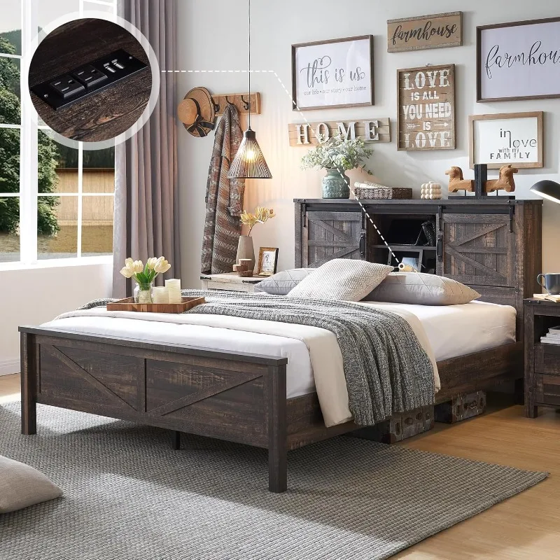 Full Size Bed Frame w/Storage Bookcase Headboard,Charging Station,w/Wood Slats Support, No Box Spring Needed, Dark Rustic Oak