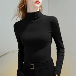 1pcs Women Spring Autumn Thin Long-sleeved T-shirt Lady Thermal Underwear Slim Fit Fashion Casual Style Half High Collar Top