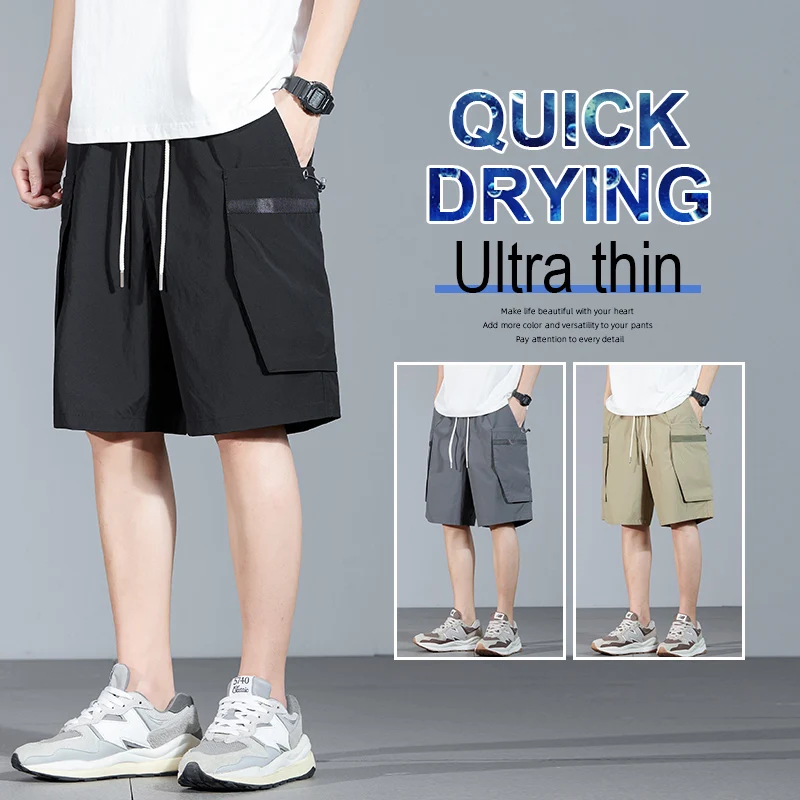 

Мужские короткие рабочие брюки с множеством карманов из полиэстера с шнуровкой просторные прямые 2025 Лето Высокое качество тренд Плюсовый размер 4XL