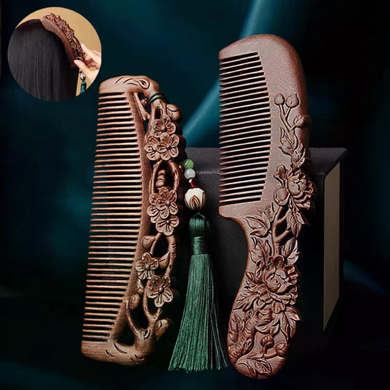 

Расческа из натурального сандалового дерева, изысканная резьба, расческа-лотос, антистатическая расческа для бороды, ручная работа, подарок для укладки волос