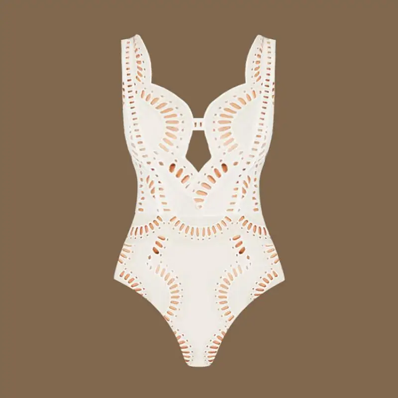 Flaxmaker 2025 Women Swimsuit And Skirts Summer White Hollow Out One Piece Swimwear Femme Sexy Deep V Neck Beachwear Sets