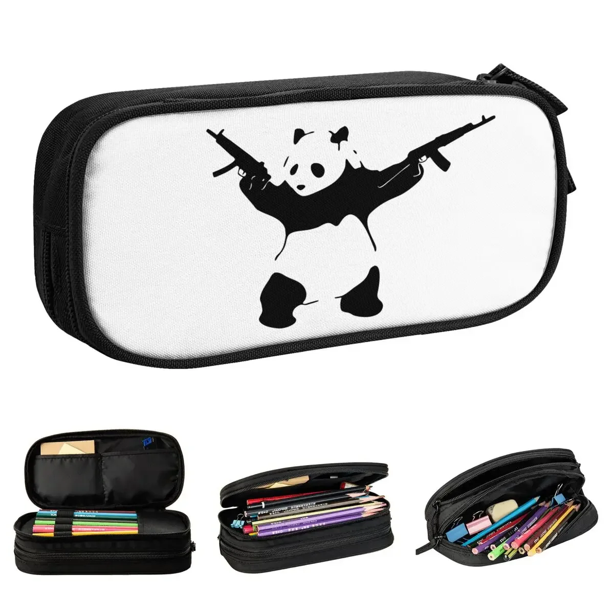 

Banksy's Panda Holding Assault Rifles Pencil Cases Banksy Pen Holder Bags Student Large Storage Office Cosmetic Pencilcases