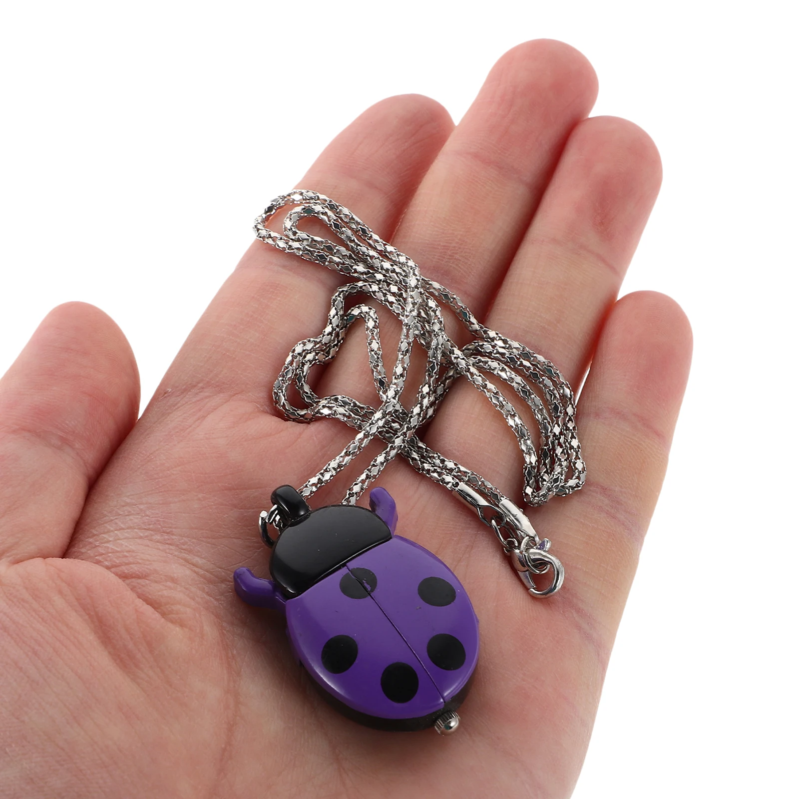 

Vintage Ladybug Pocket Watch Necklace Quartz Movement Compact Size for Women Bag Purse Charm Accessory Purple