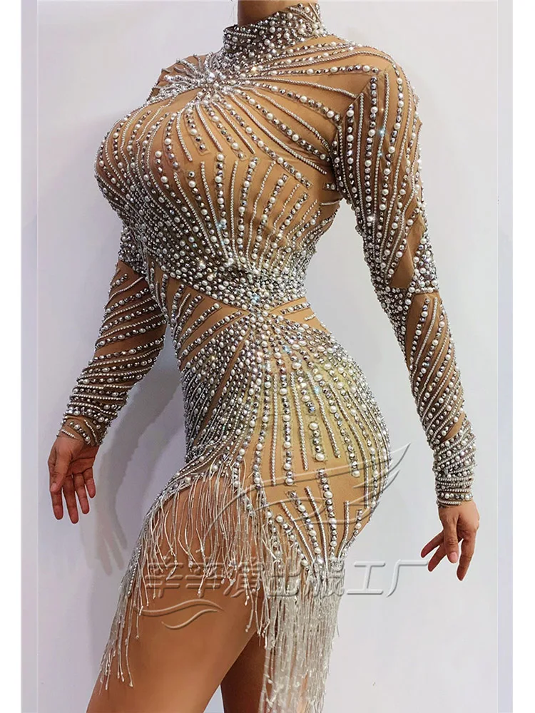 High Quality Rhinestone Tassel Elastic Hip Hugging Dress 2024 New Fashion Custom Women'S Clothing