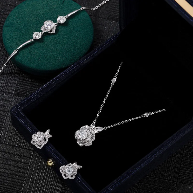 

【Mirrordust】s925Серебряный модный комплект из трех предметов, ожерелье с бриллиантами и розами, серьги, комплект открытых колец