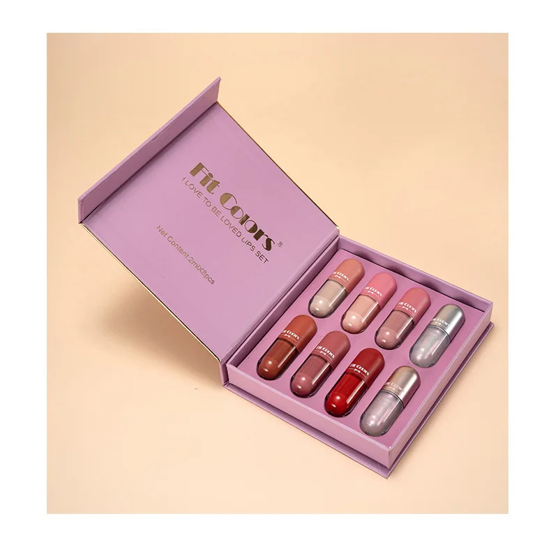Fit Colors 8pcs Lip Gloss book Gift Set Mist Face Velvet Easy to paint Non-stick cup long-lasting liquid lipstick set