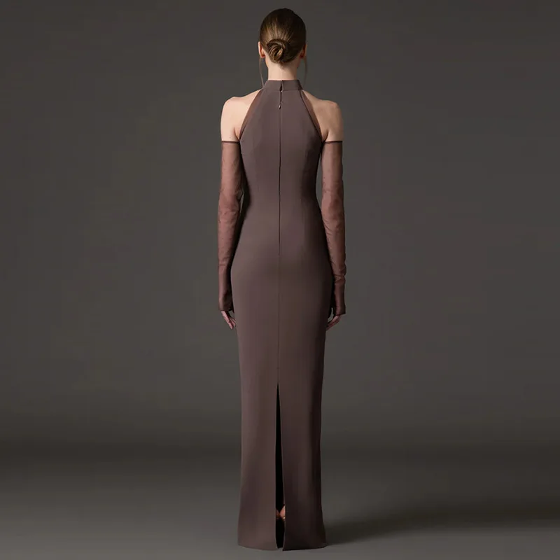 Newest Fashion 2026 Designer Vestido Women's Gauze Spliced Sheer Detail Beaded Long Dress