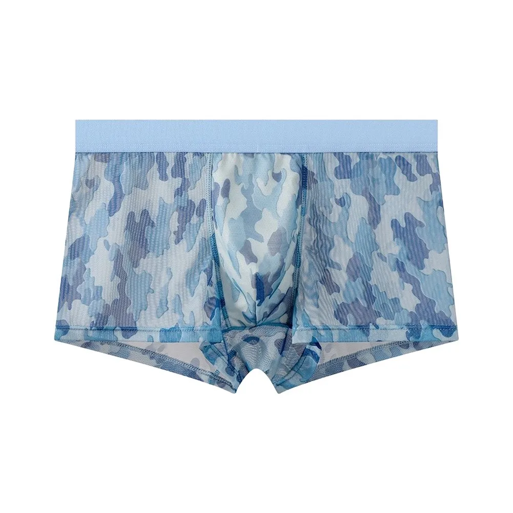 Men's Camouflage Print Boxer Shorts Sleep Underpants Homewear Panties Trunk Ultra-Thin Breathable See Through Short Leg Panties