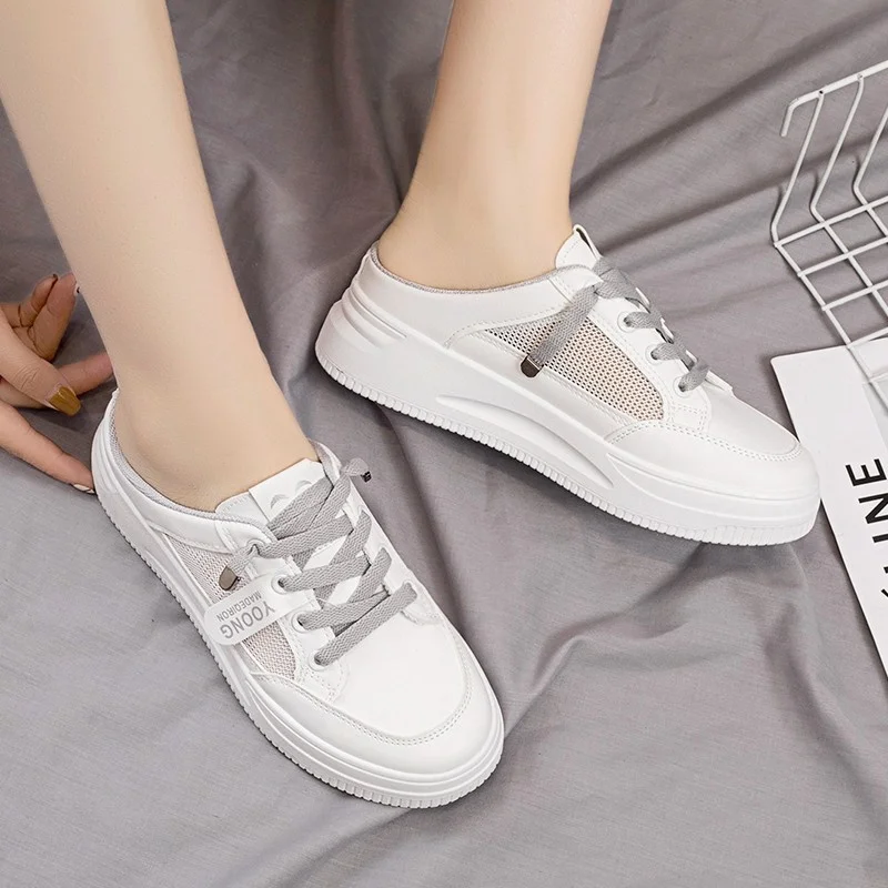 2023 Women Shoes Canvas Tenis Casual Half Slippers Flats Female White Mules Backless Sneakers Mesh Breathable Fashion Loafers