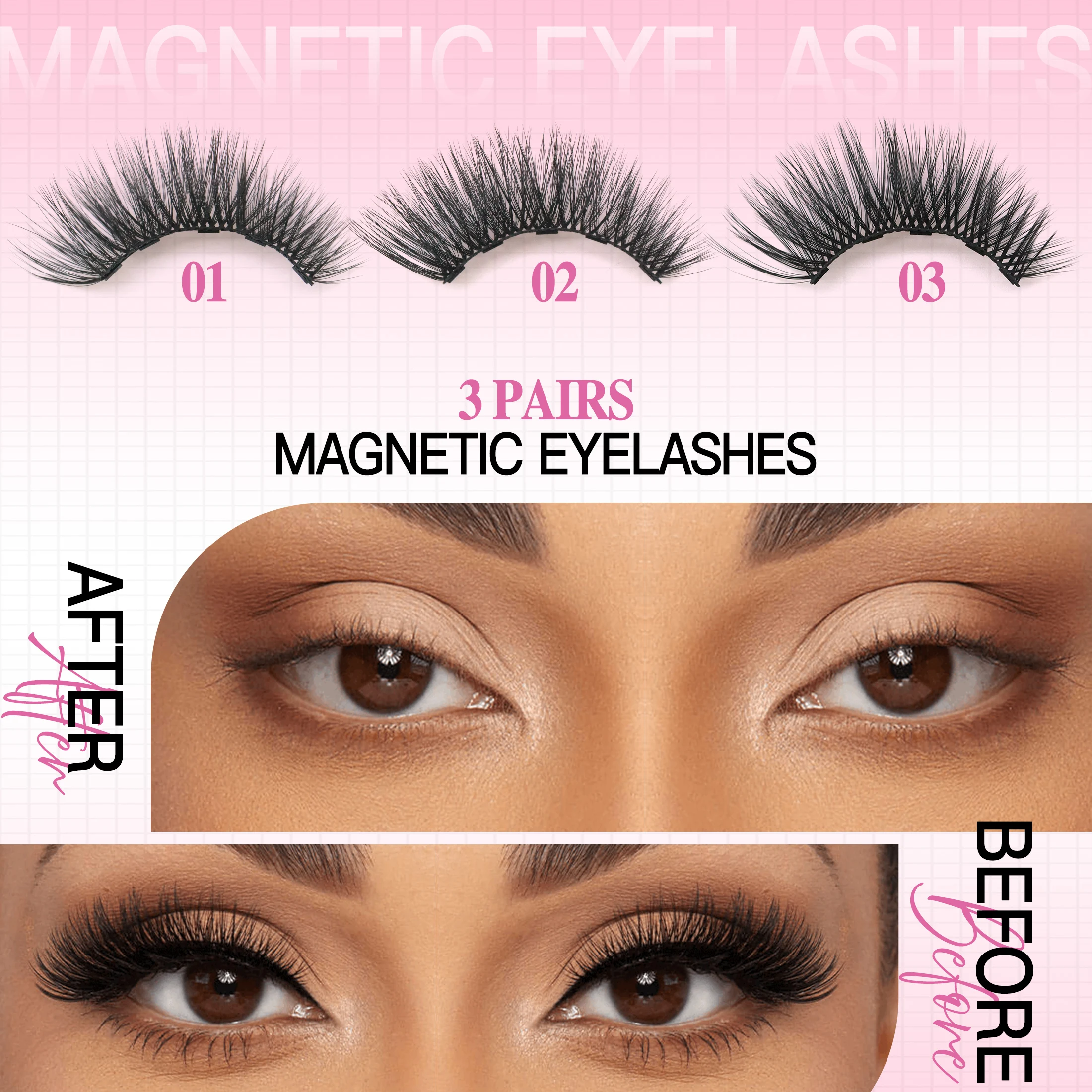 3-teiliges magnetisches Wimpern-Eyeliner-Pinzetten-Set, 3D-Nerzwimpern, natürliche künstliche falsche Wimpern, flauschiges Wispy-Volumen