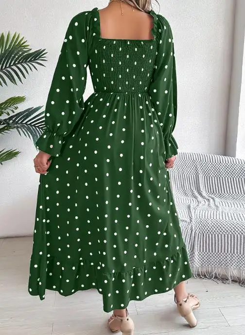 تنورة طويلة مطبوعة برقبة مربعة منقط لخريف 2025 للنساء، فستان أنيق وكاجوال بقصة ضيقة على شكل حرف a وأكمام طويلة