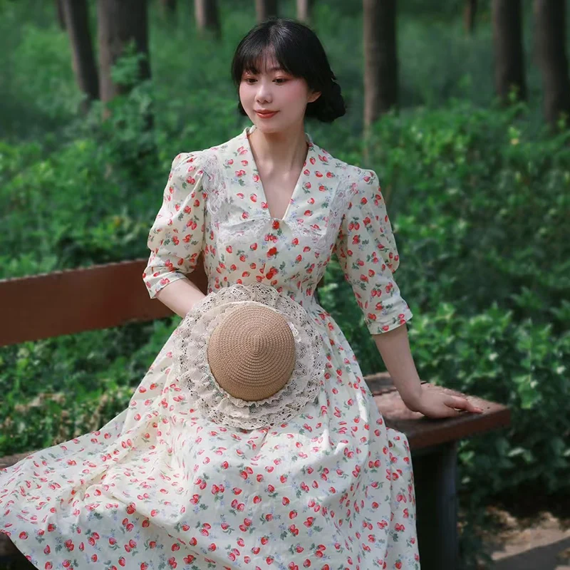 AnXin SH vintage princesa beige algodón fresa flor encaje cuello en v media manga botón rojo cremallera vestido de noche personalizado