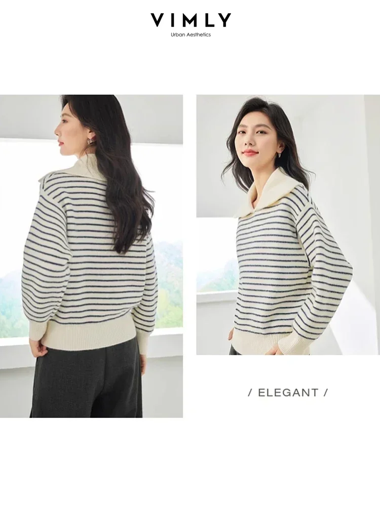 Vimly Women\'s Striped Sweater 2023 Winter New Thick Warm Long Sleeve Top High Strecth Lapel Pullover Casual Female Clothes 72528