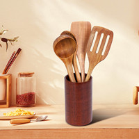 Wooden Tableware,Teak Kitchen Cooking Tableware Set With Stand, Suitable For Non-Stick Cookware,Wooden Shovel Spoon Cooking 5Pcs