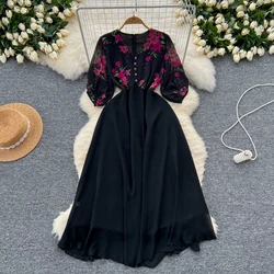 Elegant Vintage short Sleeve mesh print Dress Chic V-neck Slim Vestidos Summer Vacation Party Women Fashion A-line Dresses