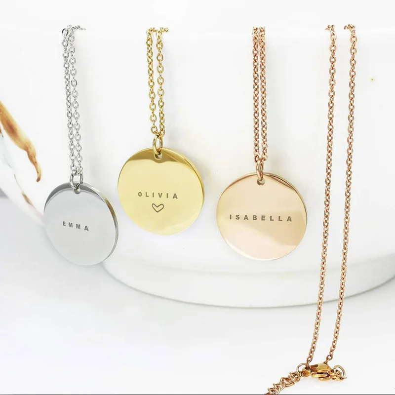 Custom Engraved Name Necklace Date Stainless Steel Round Disc Coin Pendant Personalized Text Chain Choker For Women Girlfriend