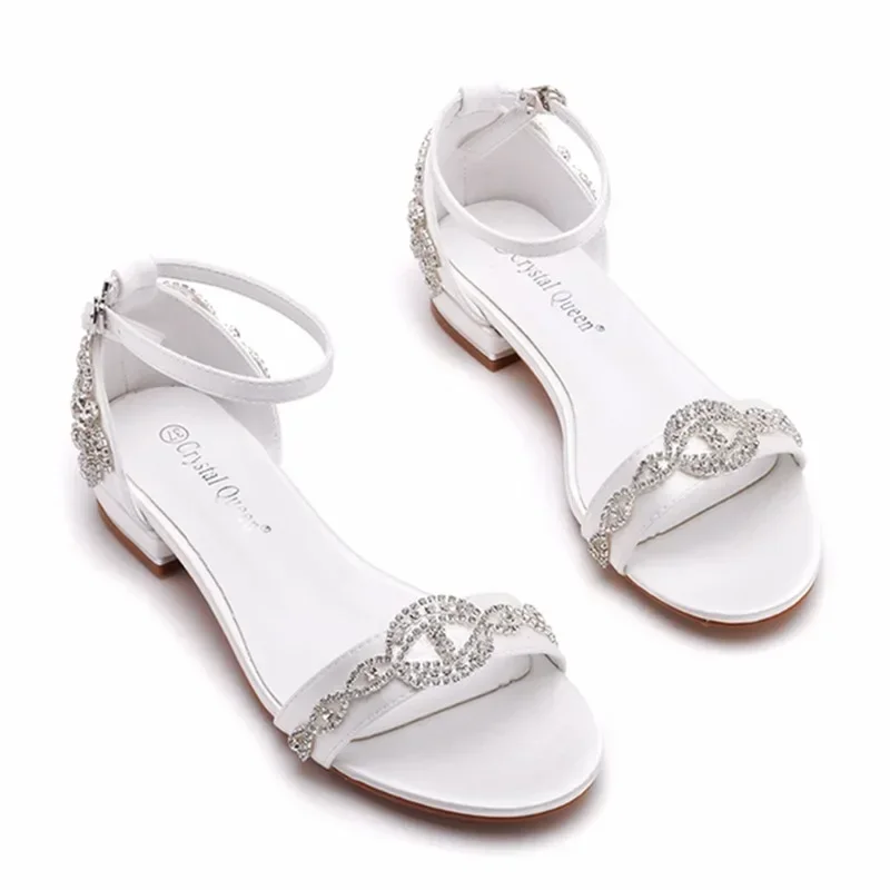 Women Sandals Fashion Sexy Rhinestone Silk 2CM Flat Heels Buckle Strap Bride Wedding Women\'s Shoes White Women Dress Sandals