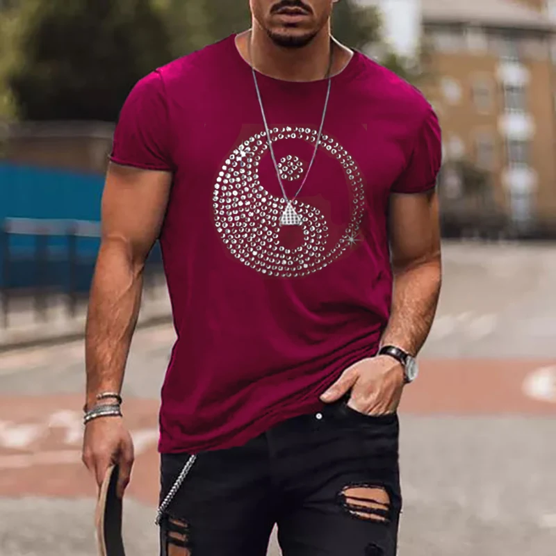 High Quality Fashion Men's Clothing Oversized Tee y2k Round Rhinestone Designer Short Sleeve Tops Trip Casual Street T-Shirt New