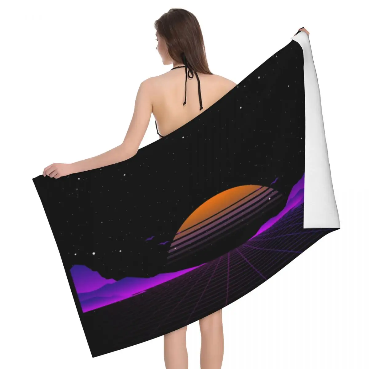 Customized Vaporwave Outrun Sunset Beach Bath Towel Microfiber 80s Retro Japanese Aesthetic Travelling Swimming Camping Towels