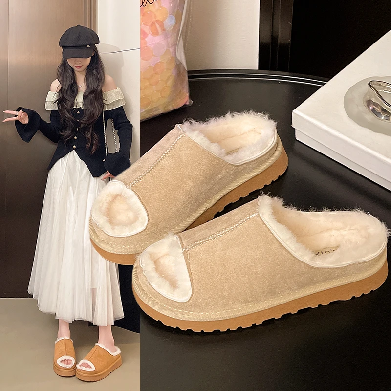 Women's Fluffy Slippers 2026 New Style Sanded Leather with Fur, Comfortable,Simple, Fleece-lined, Thick-soled Slippers for Women