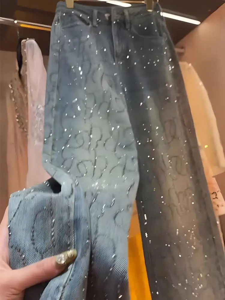 

Blue Rhinestone Embellished Heavy-Duty High-Waist Jeans Women's Fashion Autumn Straight Leg Loose Fit Slimming Effect