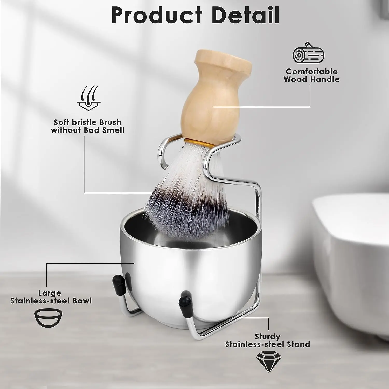 Mens Shaving Brush and Bowl Set, 3-in-1 Shaving Brush Kit Wood Handle with Stainless Steel Shaving Bowl & Brush Stand, Perfect S