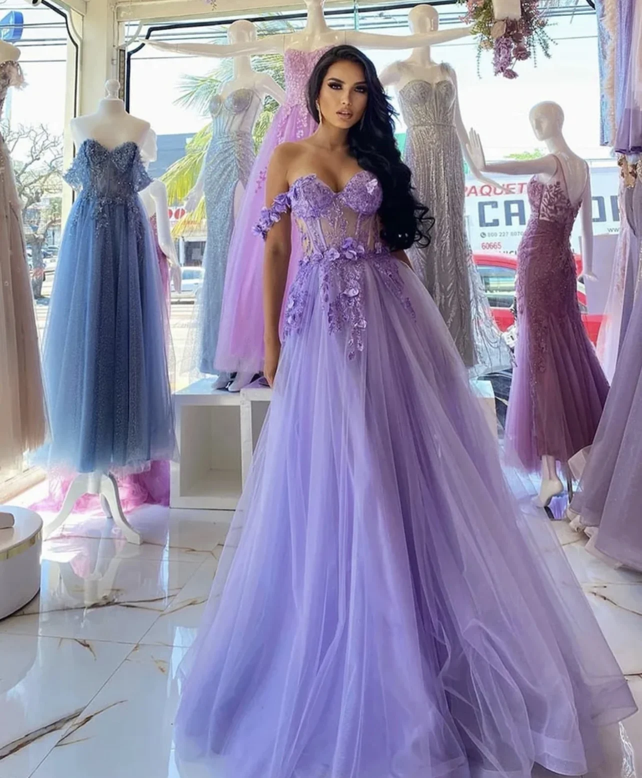 Dathy Violet Glitter Tulle Prom Dresses Off The Shoulder Lace Flower Beads Corset Evening Gown Formal Party Dress