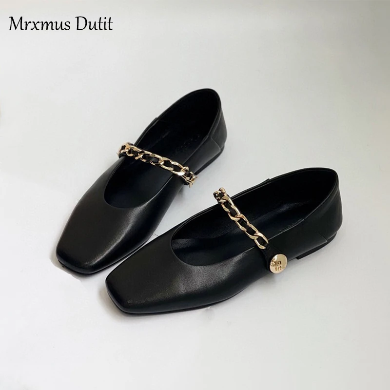 Mrxmus Dutit 2024 Autumn New Genuine Leather Flats Women Square Head Shallow Mary Jane Shoes Elegant Simple Versatile Female