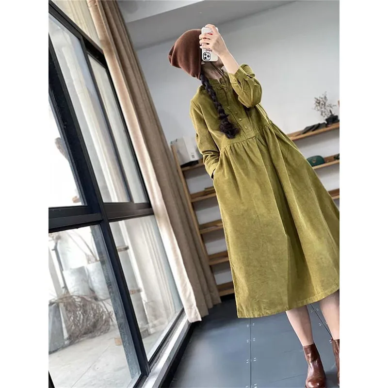 2024 Spring Autumn Fashion Corduroy Dress Long Sleeved Women Dress Vestidos Korean Loose Winter Bottoming Dress Dresses Female