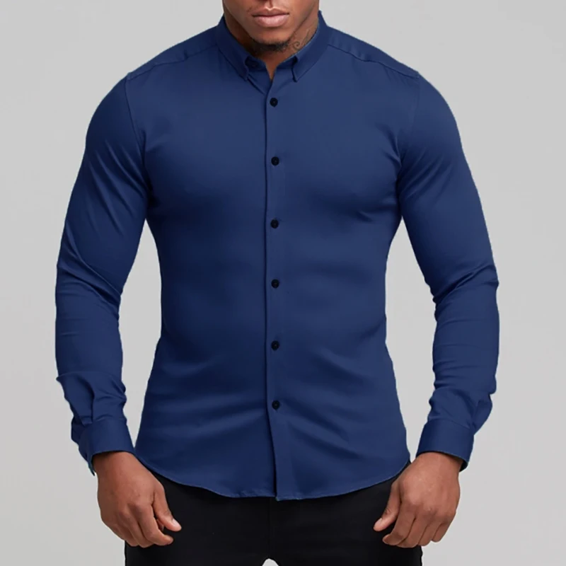 Mens Long-sleeved Shirt Polyester Solid Color Super Slim Fit Breathable Casual Gym Workouts weightlifting Sports Fitness Tee Top
