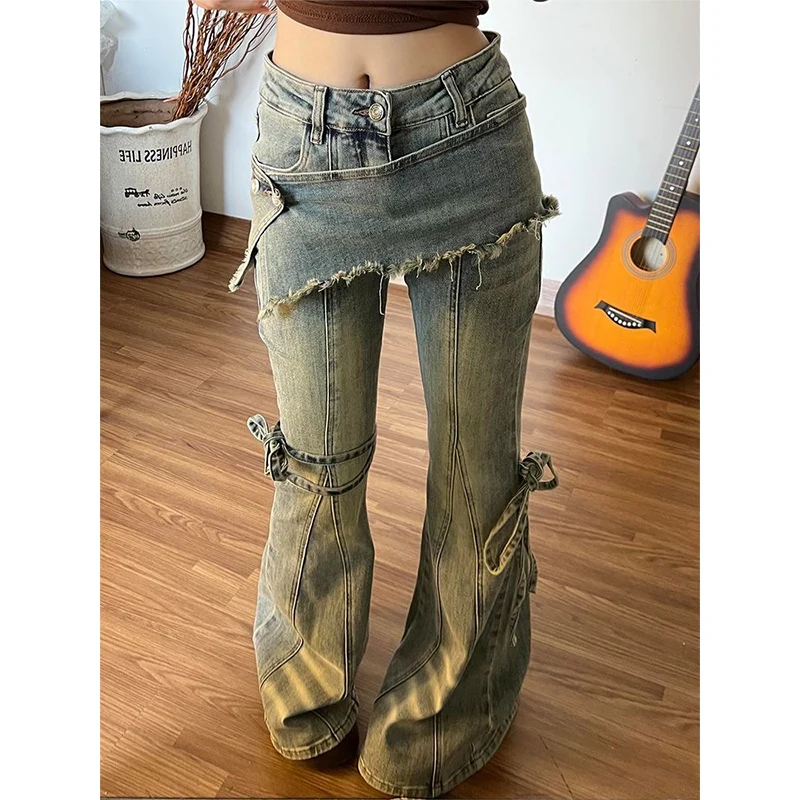 Y2k Women's Low Rise Flared Denim Pants American Retro Designer Korean Blue Trumpet Jeans 2000s Trouser Bell Bottom High Street