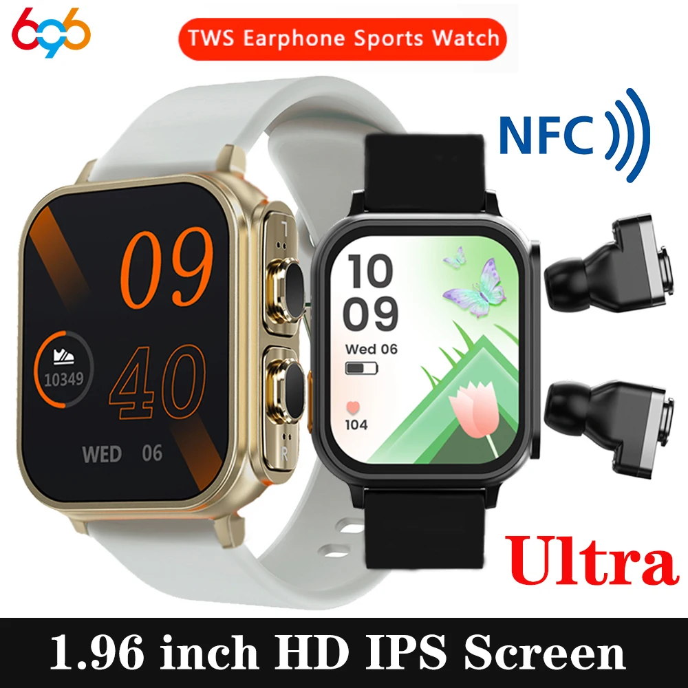 

2024 New 2 In 1 Wireless Blue Tooth ENC Noise Cancelling TWS Earphones Smart Watch 1.96" Sports Heart Rate NFC Ultra Smartwatch