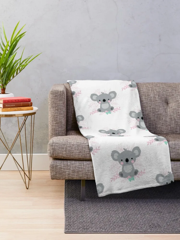 Cute Baby Koala with flowers White Throw Blanket Fashion Sofas Sofa Flannels Moving Blankets