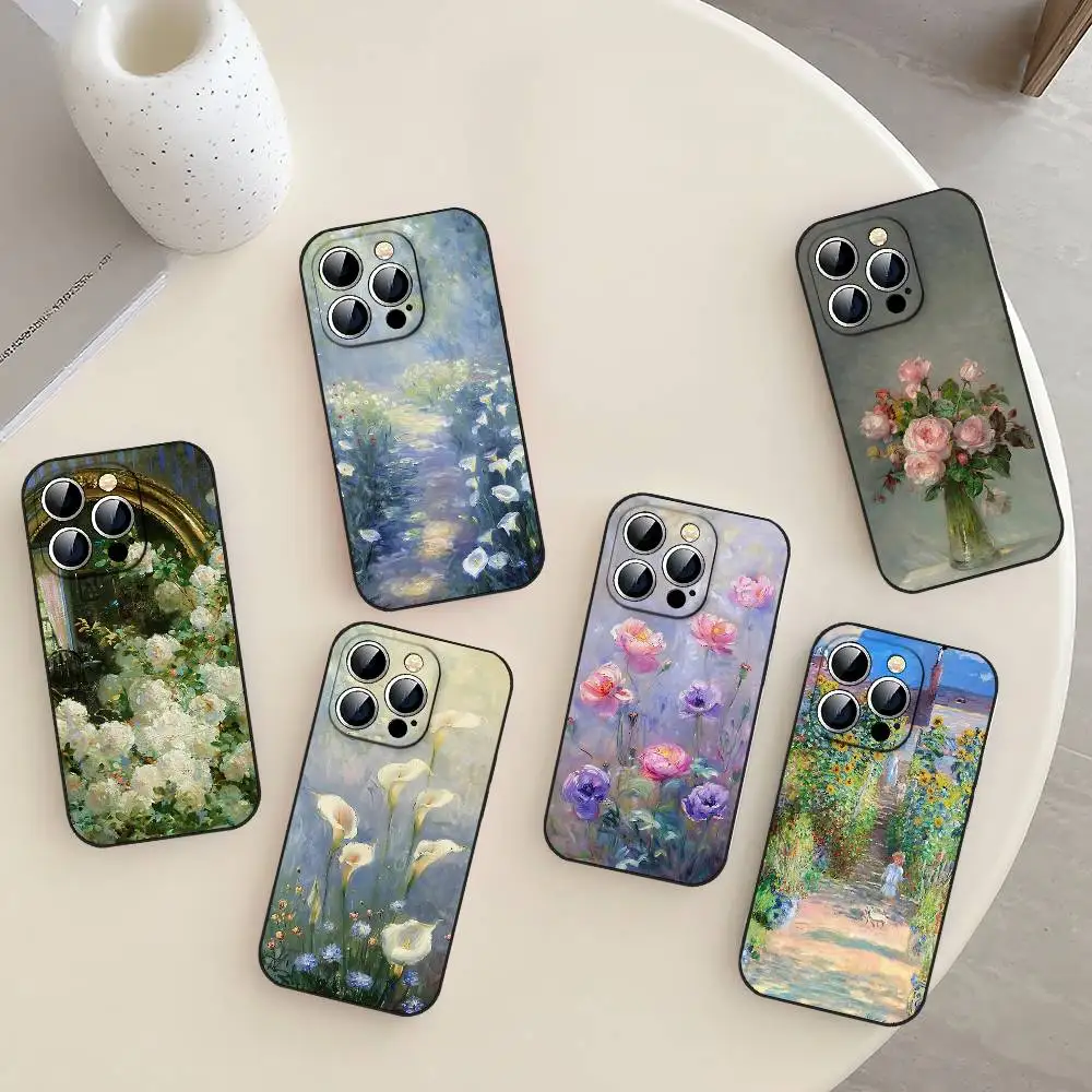 

O-Oil P-Painting F-Flowers Black Phone Case That Fits For IPhone 17,16,15,11,13,14 Pro Max,Plus,X,Xr,Xs Max,13Mini